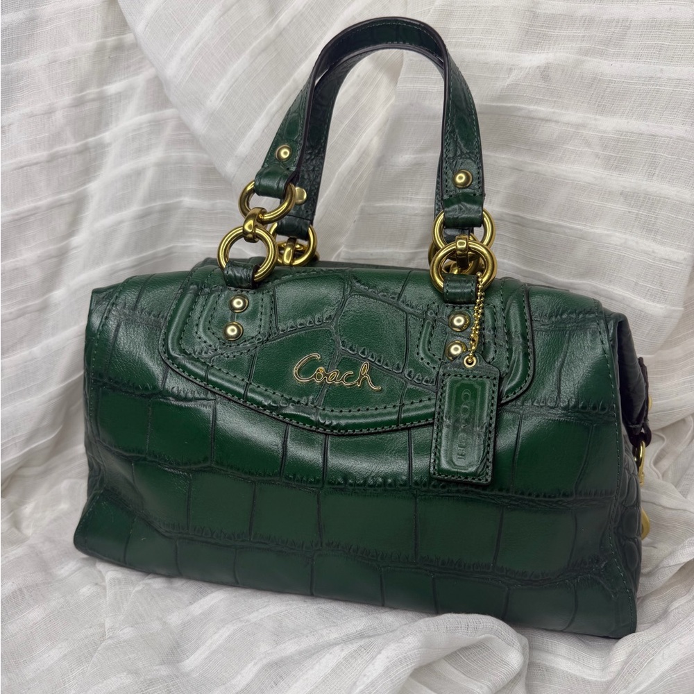 Coach Ashley Green Croc Embossed Shoulder / Handbag / Convertible Satchel • EUC